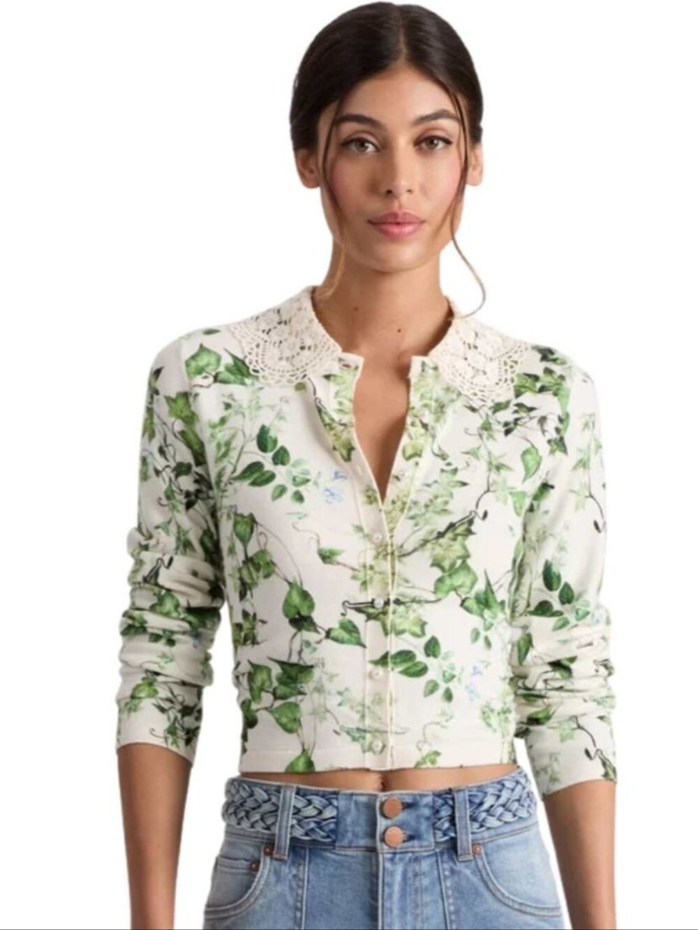 NWT Alice + Olivia White Vineyard Lace-Collar Long Sleeve Top Cardigan